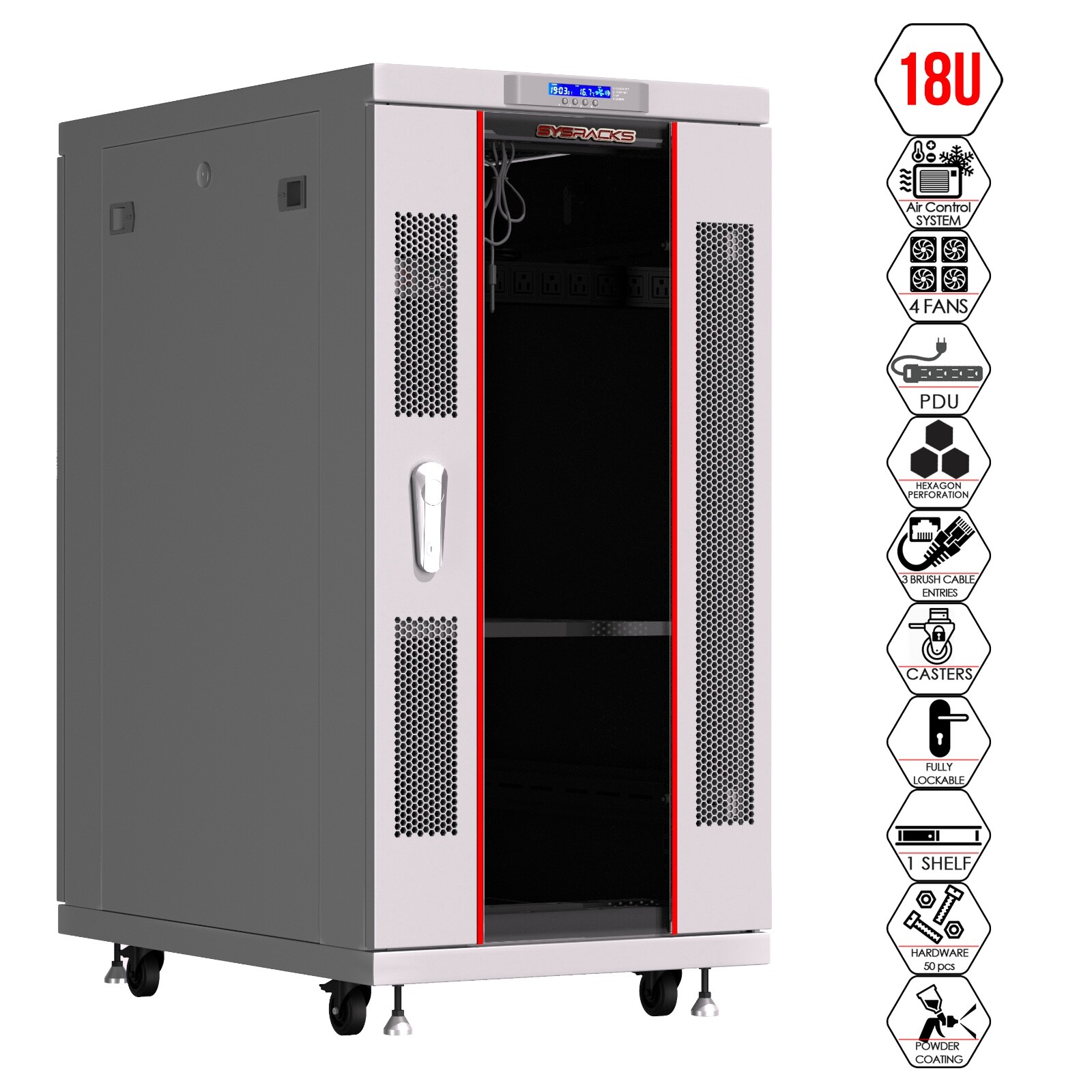 Sysracks 18U Gray Server Rack Cabinet 35" Deep 19" Network Enclosure, Fans, PDU
