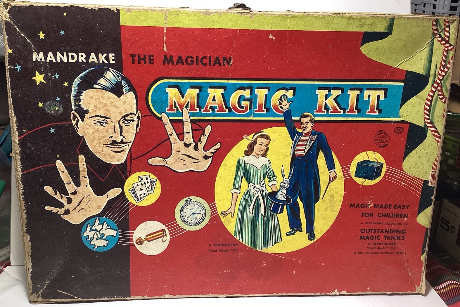 1949 Mandrake the Magician Magic Kit  Empty Box W/Handle Great Graphics