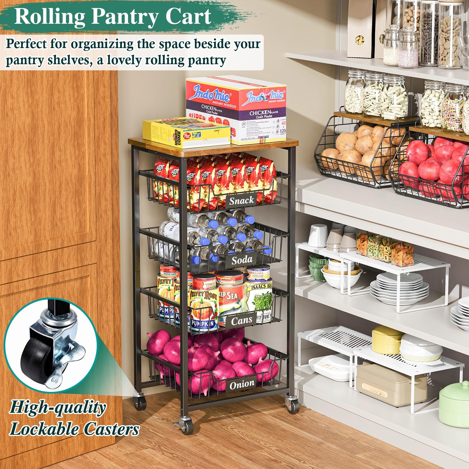 Fruit Basket, 5-Tier Utility Kitchen Organizer and Storage Cart with Pull-Out...