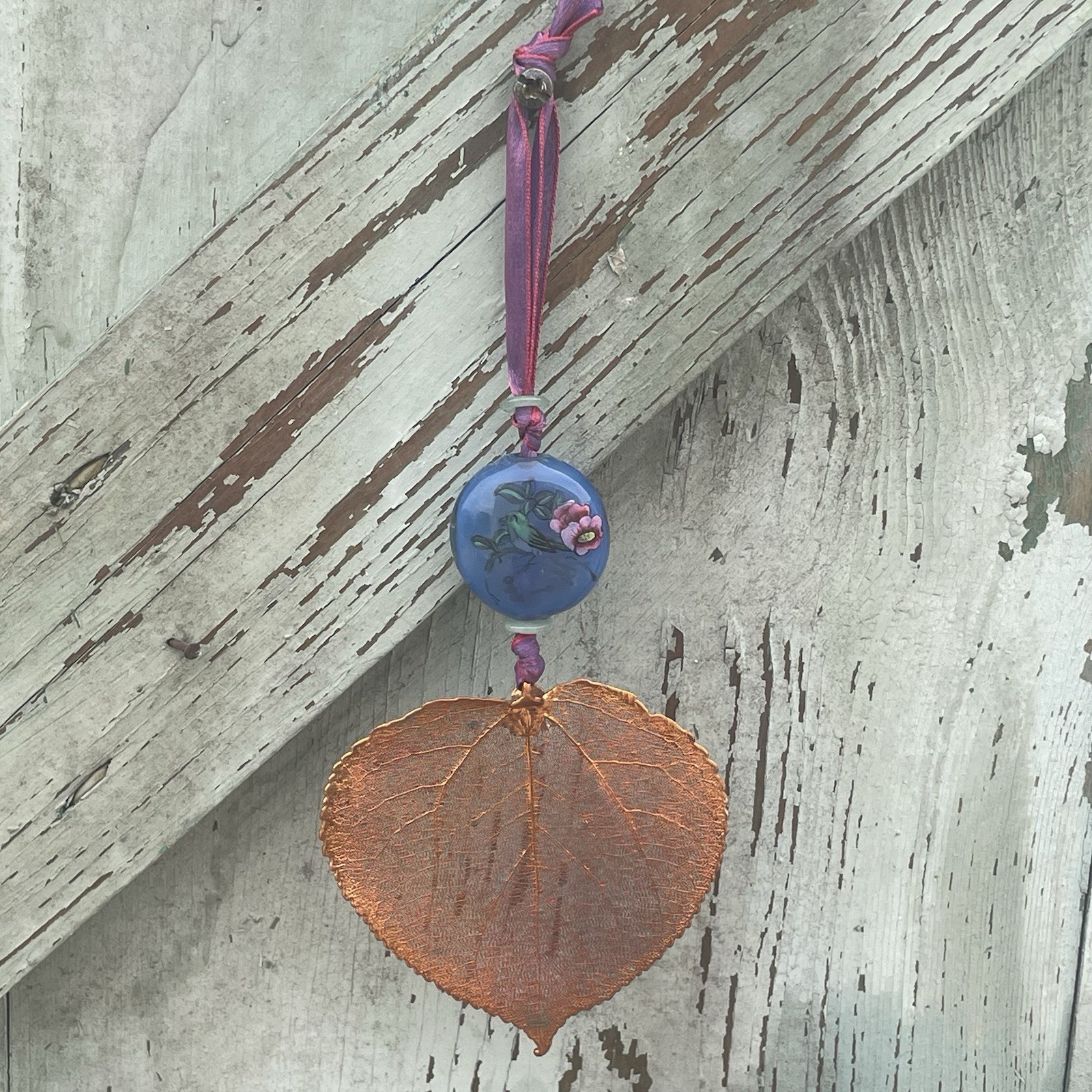 Leaf Ornament, Copper Dipped Real Leaves, Large Glass Bead Ribbon Tie