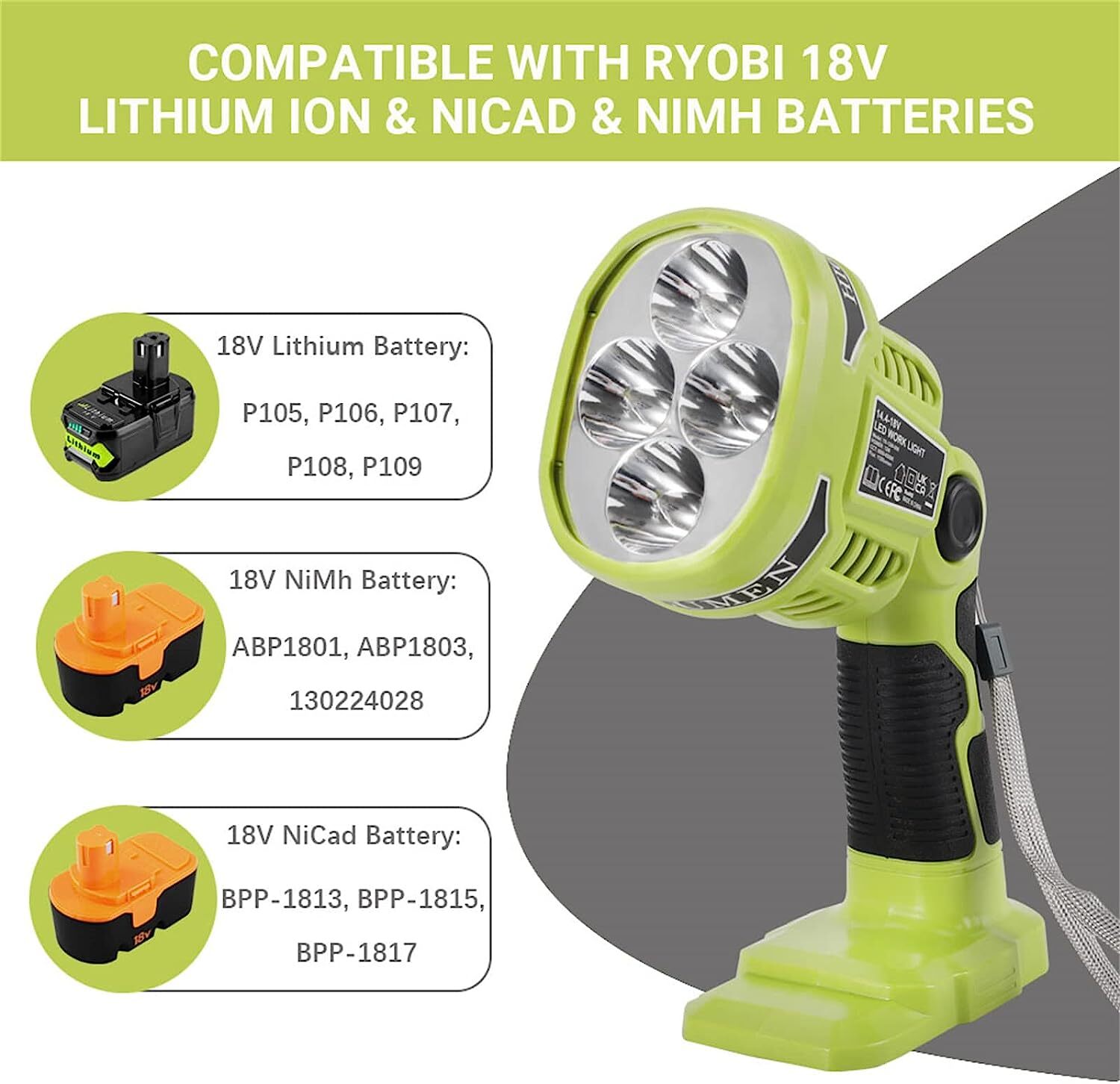 1120LM Flashlight Spotlight LED Work light Emergency Light for Ryobi ONE+ 18V