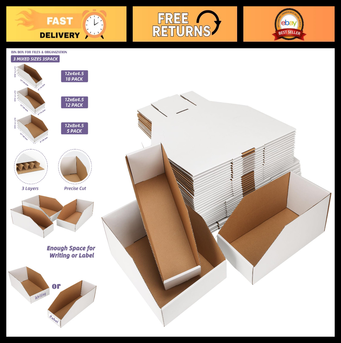 Assorted Cardboard Storage Bins - 35 Pack, Mixed Sizes for Pantry, Office, Garag