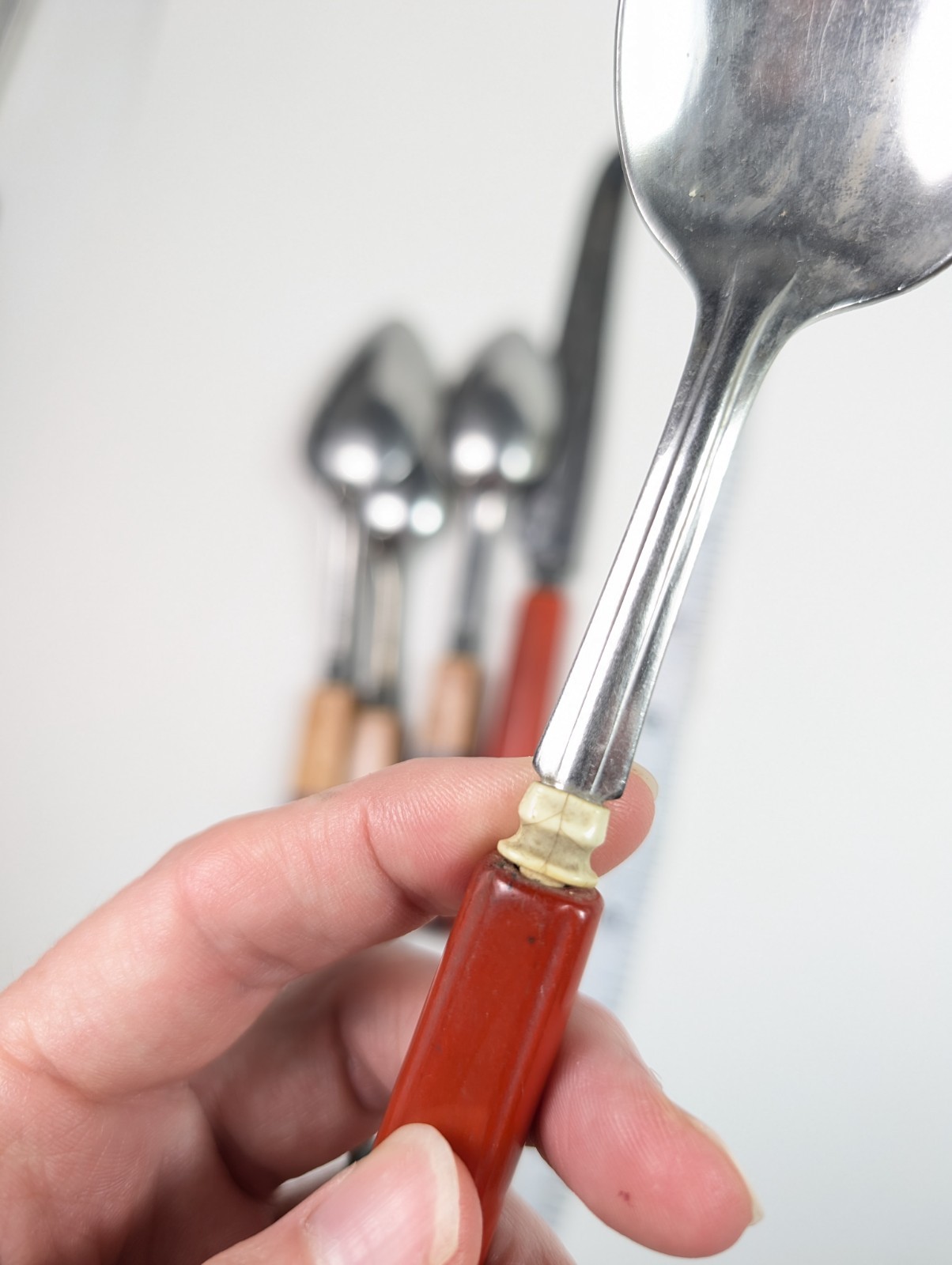 Red Bakelite Flatware Set Two Tone Cherry Red Amber 5 Piece Spoon Knife