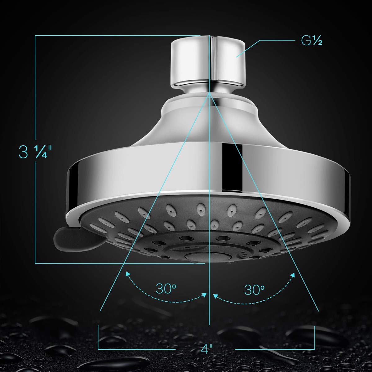 High Pressure Shower Head 5 Settings Fixed Showerhead 4 Inch High Flow Bathroom