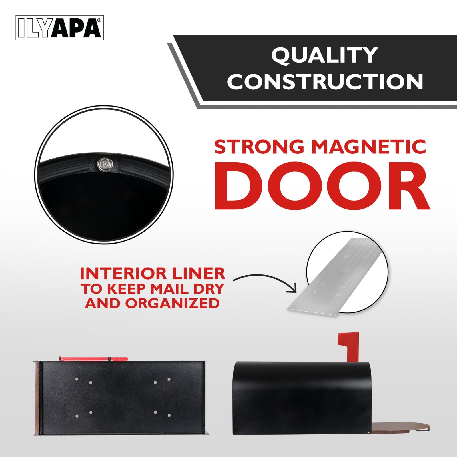 Black Modern Mailbox Post Mount - Mailboxes for Outside - with Wood Pattern Door