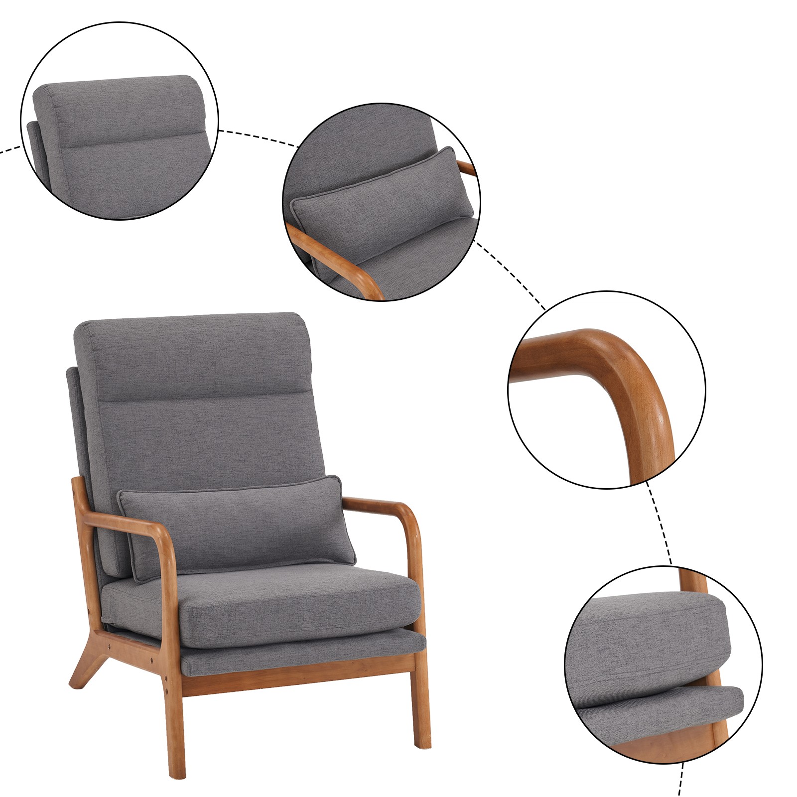 High Back Solid Wood Armrest Backrest Iron Frame Linen Indoor Leisure Chair Dar