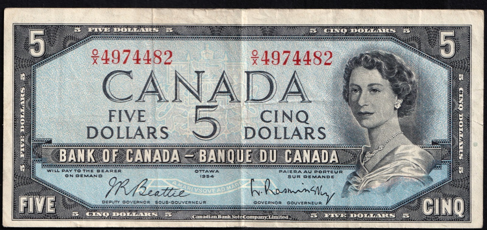 Canada 1954 $5 Five Dollar Banknote Beattie - Rasminsky O/X 4974482