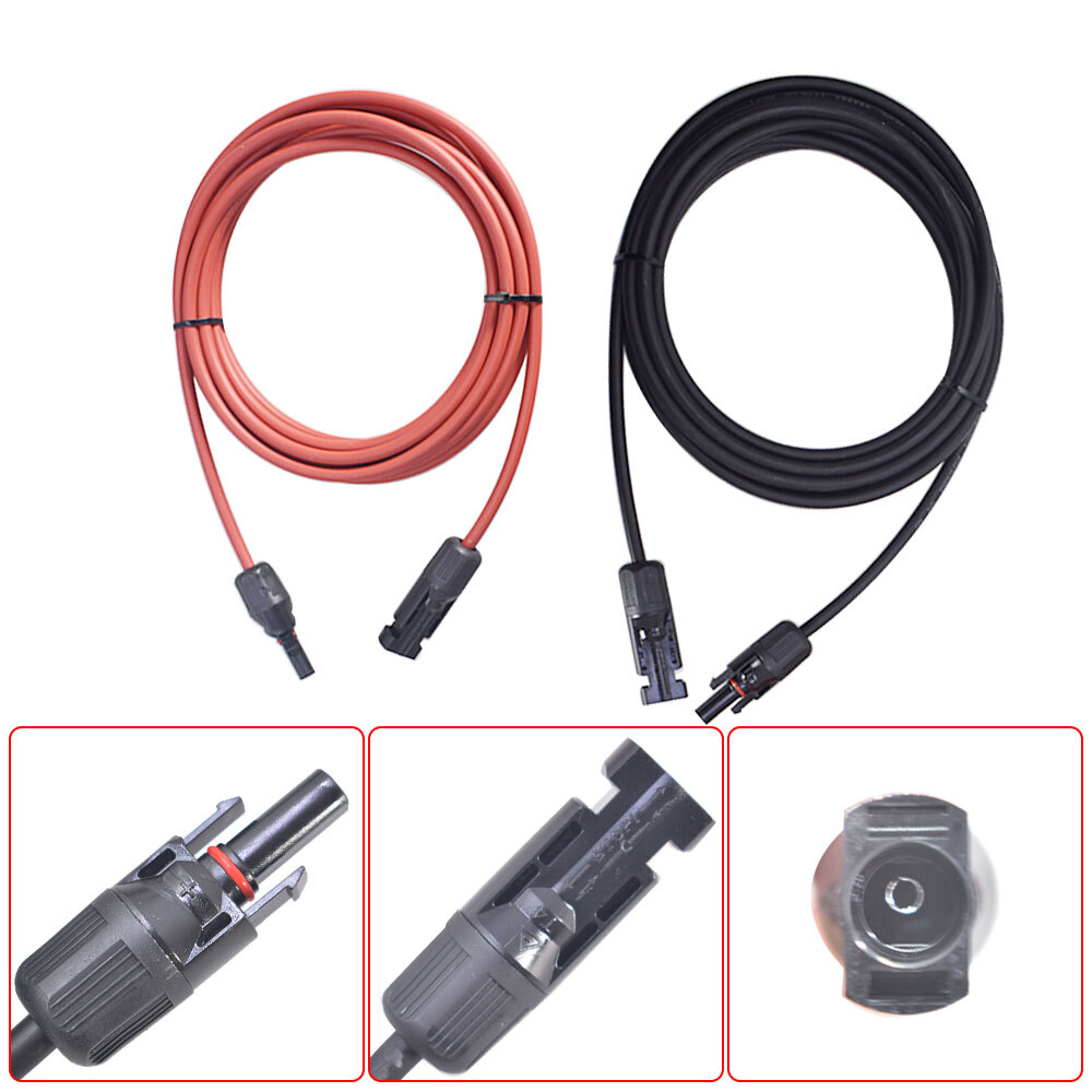 Black + Red Solar Panel Extension Cable Wire Connector 12AWG 10ft 1Pair