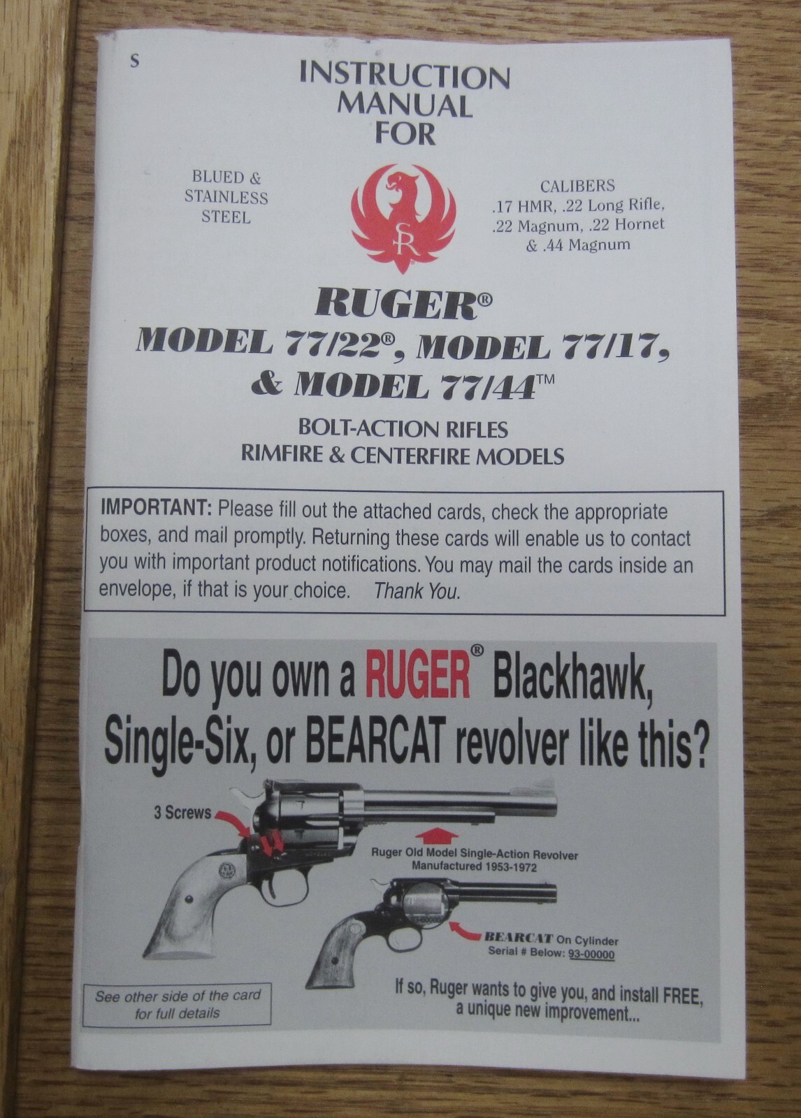 Ruger 77-44  Factory Instruction Manual