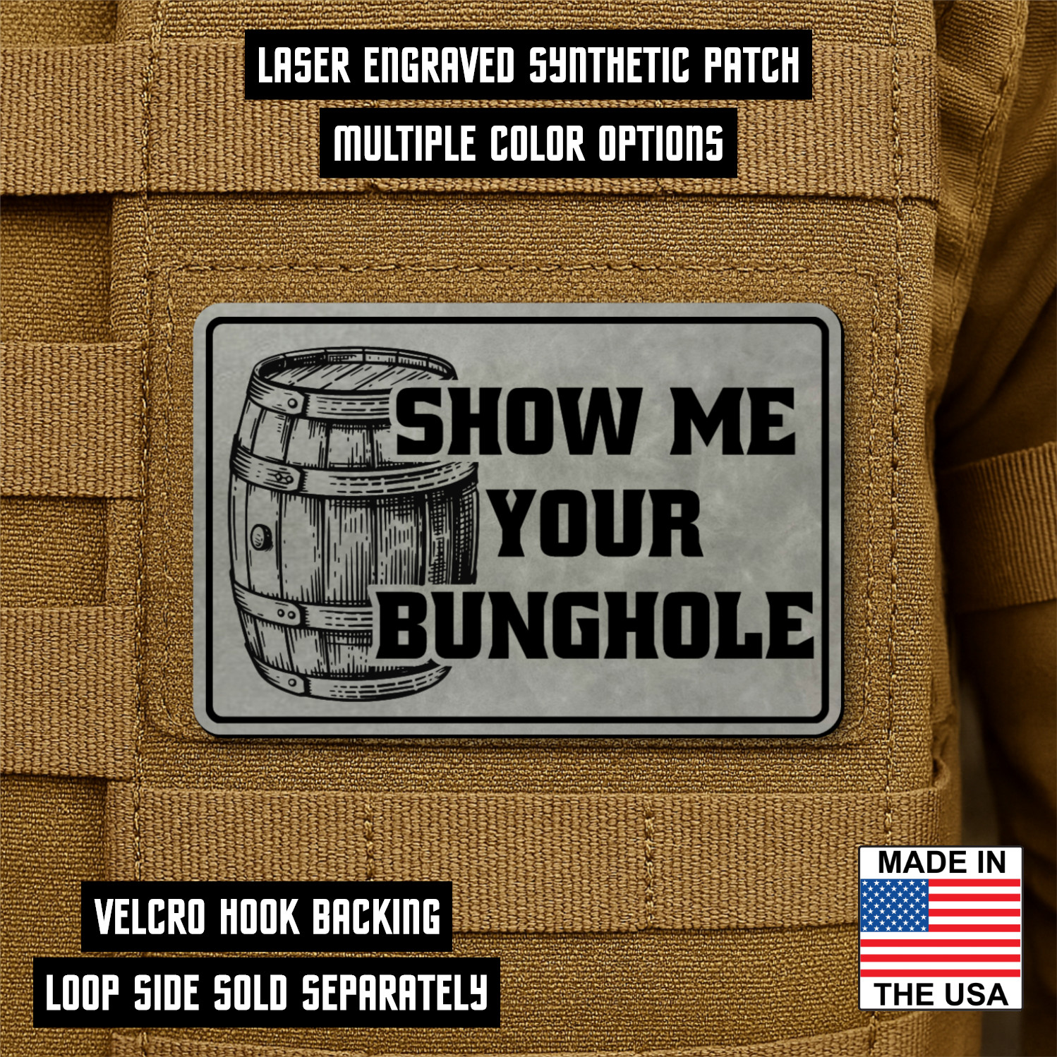 Whiskey Bourbon Funny Bunghole Morale Patch 2"x3" Hook & Loop, Wine & Spirits