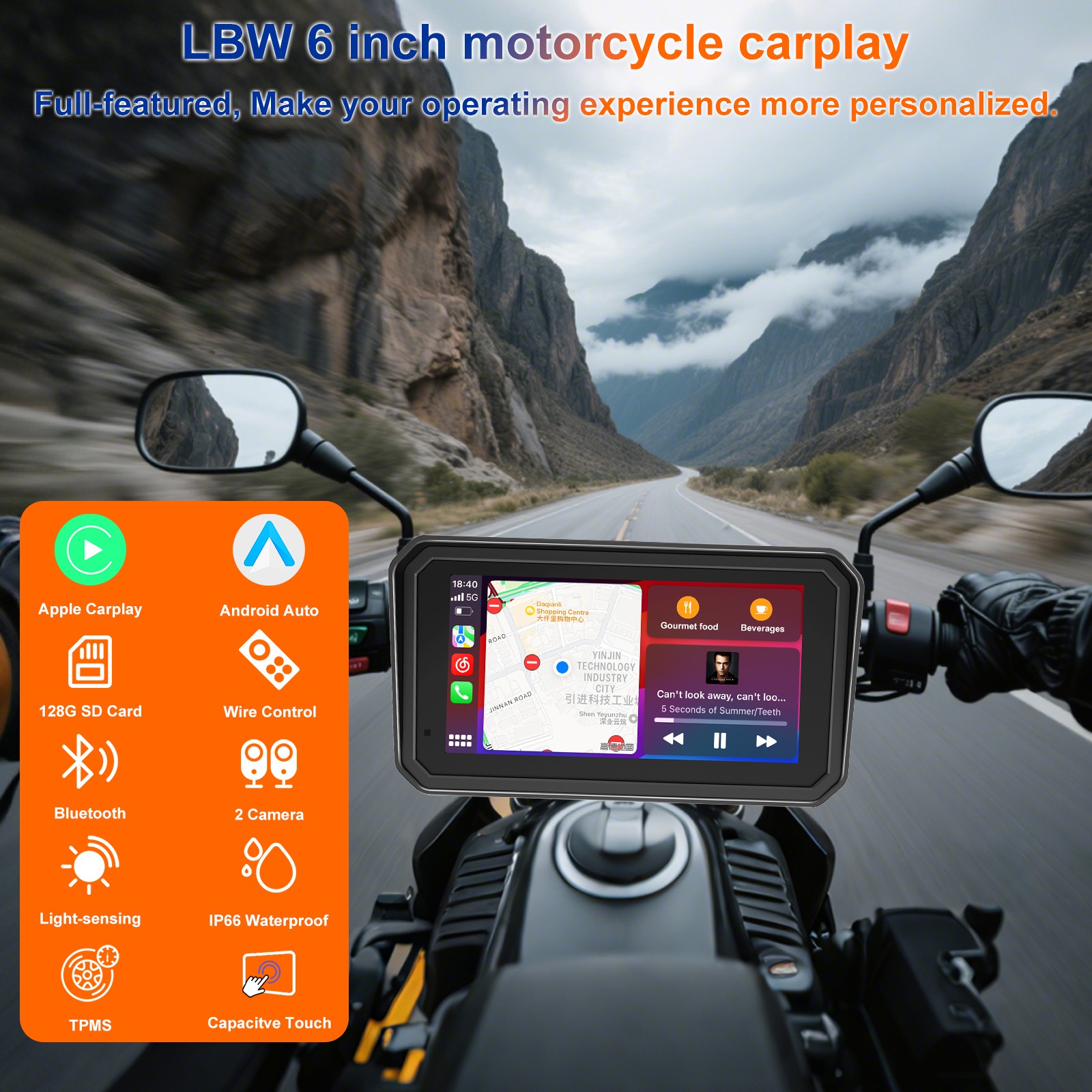 2026 LBW 6" Portable Motorcycle CarPlay GPS Dual 1080P Camera 128G SD Card, TPMS