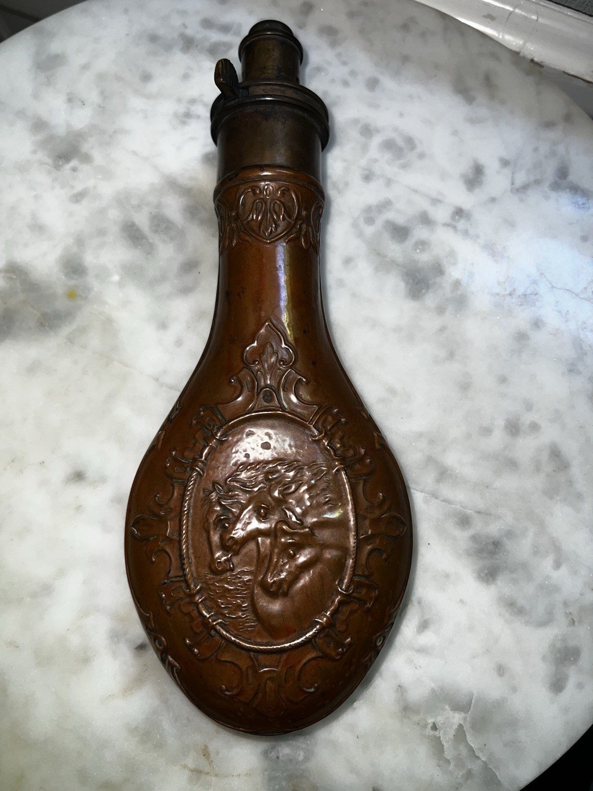 G & J W. Hawksley Sheffield Brass Powder Flask Ornate Horse Muzzleloader Vintage