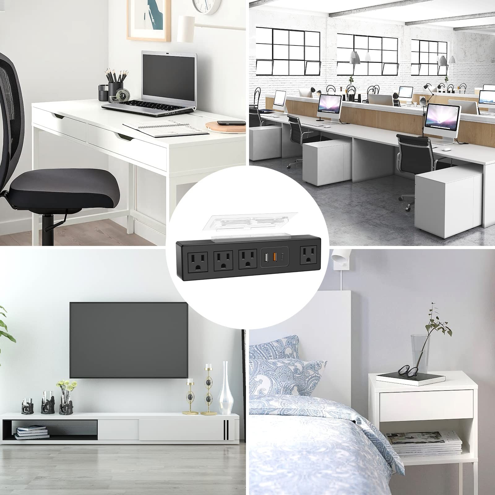 Under Desk Power Strip with 3M Adhesive, Removable Under Desktop Mount Plug w...