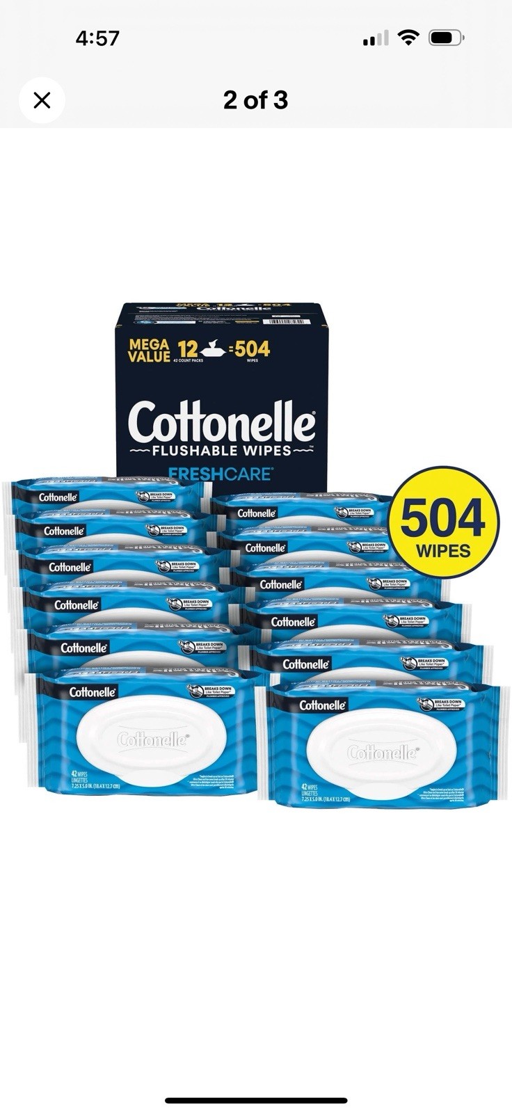 COTTONELLE FRESHCARE FLUSHABLE WIPES , Fragrance-Free , 12 count 504 wipes