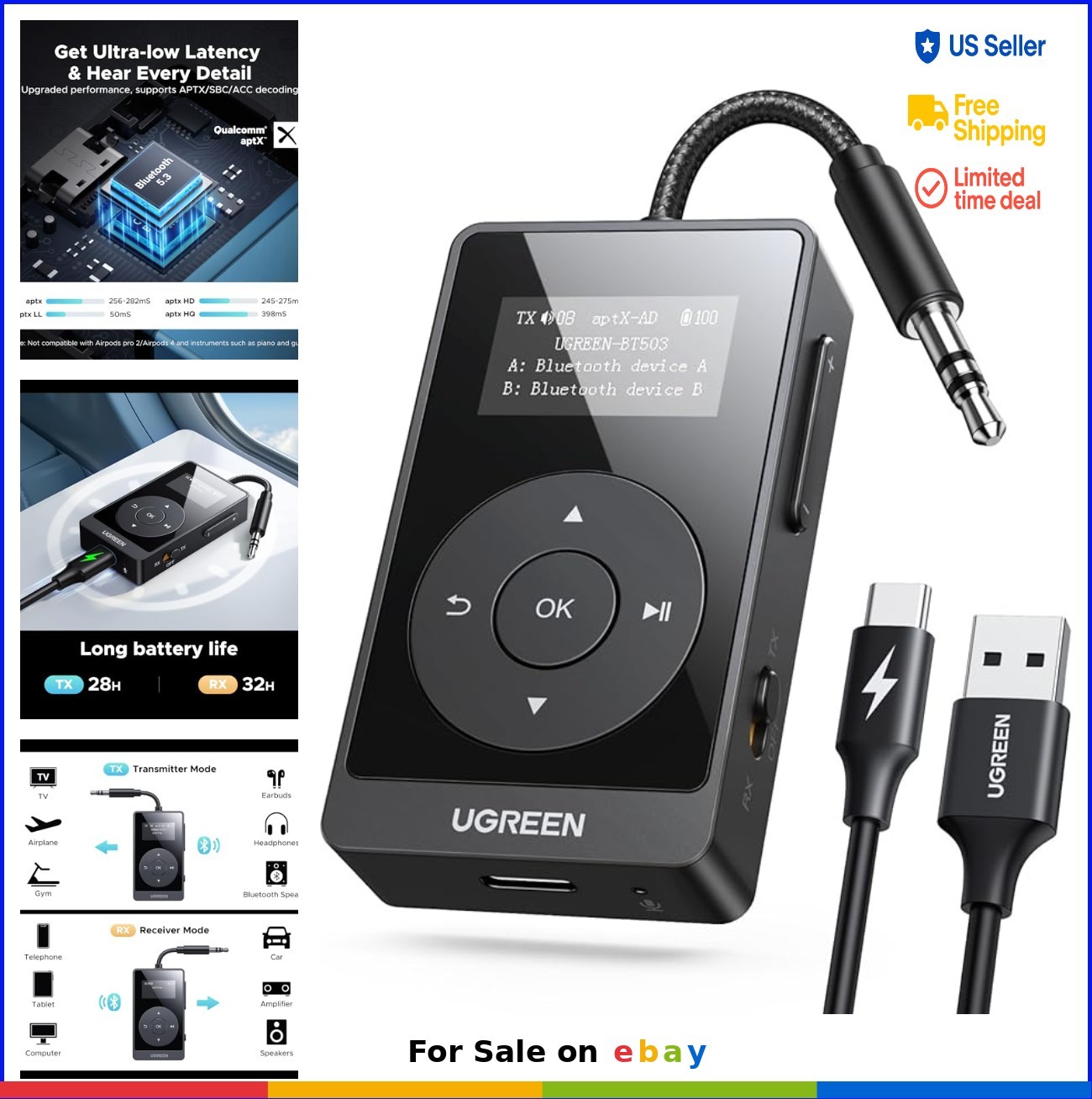 Bluetooth Transmitter Receiver 5.3 AptX Adaptive for Airplane TV Wireless