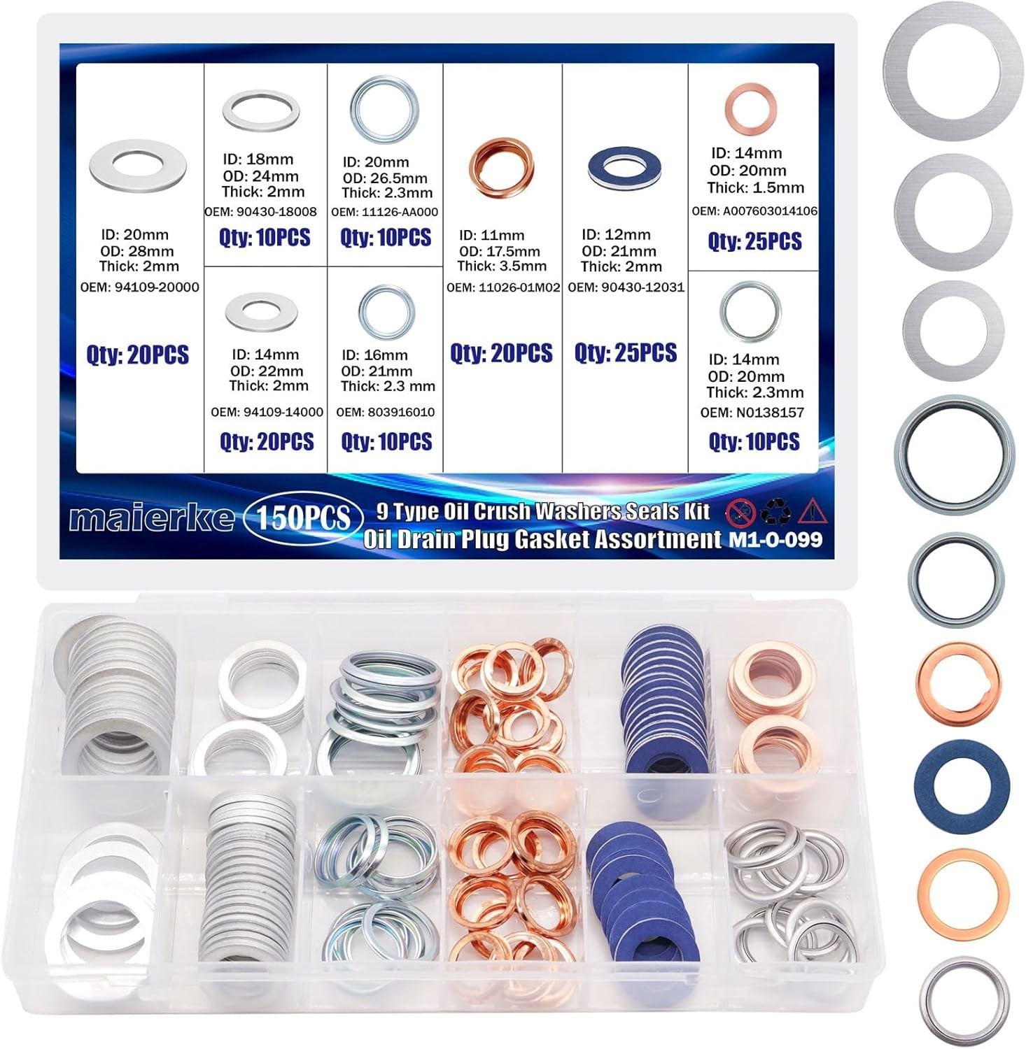 150PCS Oil Drain Plug Gasket Assortment,Oil Crush Washer Seals Kit,Automotive