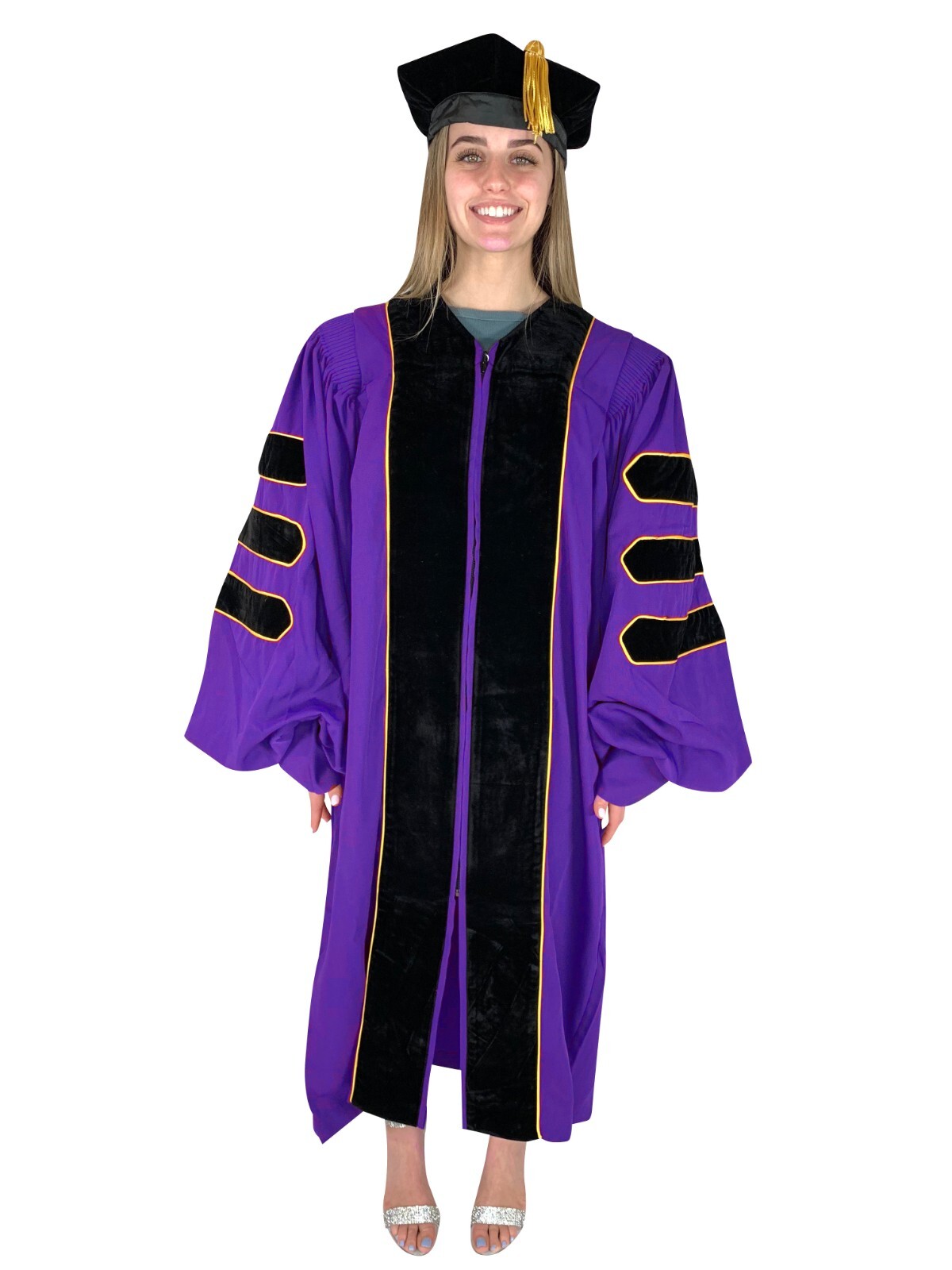 Purple Doctoral Gown w/Gold Piping & Tam for University Professors and Students