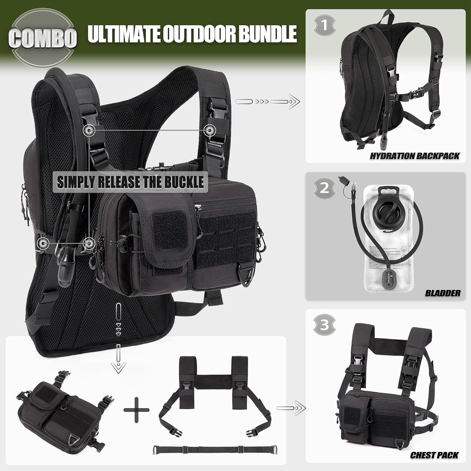 Convertible Hydration Backpack & Chest Pack with 2.5L Bladder for Outdoor Use