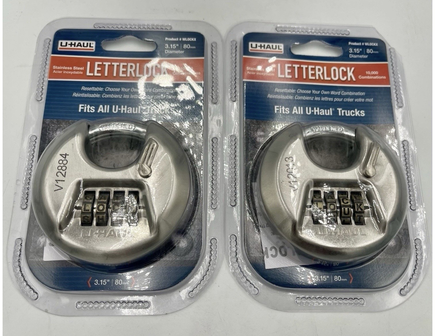 Lot of 2 U-Haul LetterLock 80mm Disc Padlocks Resettable Combination Locks Heavy