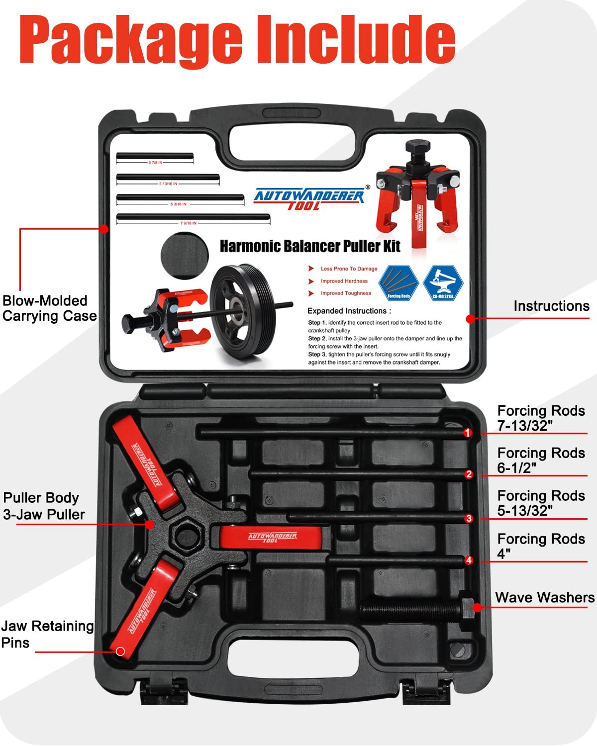 Harmonic Balancer Puller with Adjustable 3Jaw Puller Kit, Forcing Screw Fits ...