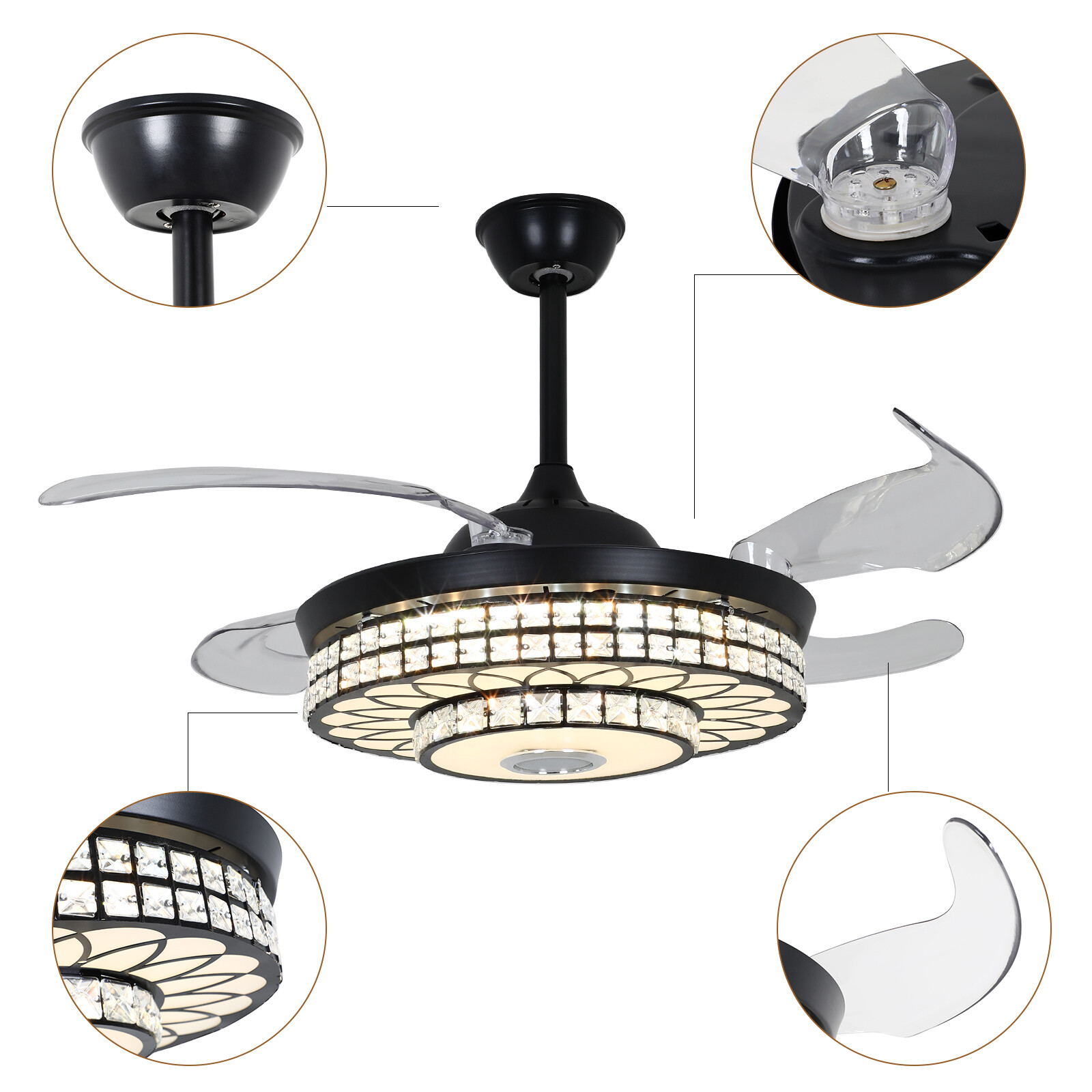 42" Crystal Ceiling Fan Light Bluetooth Speaker 7Color Change Ceiling Chandelier