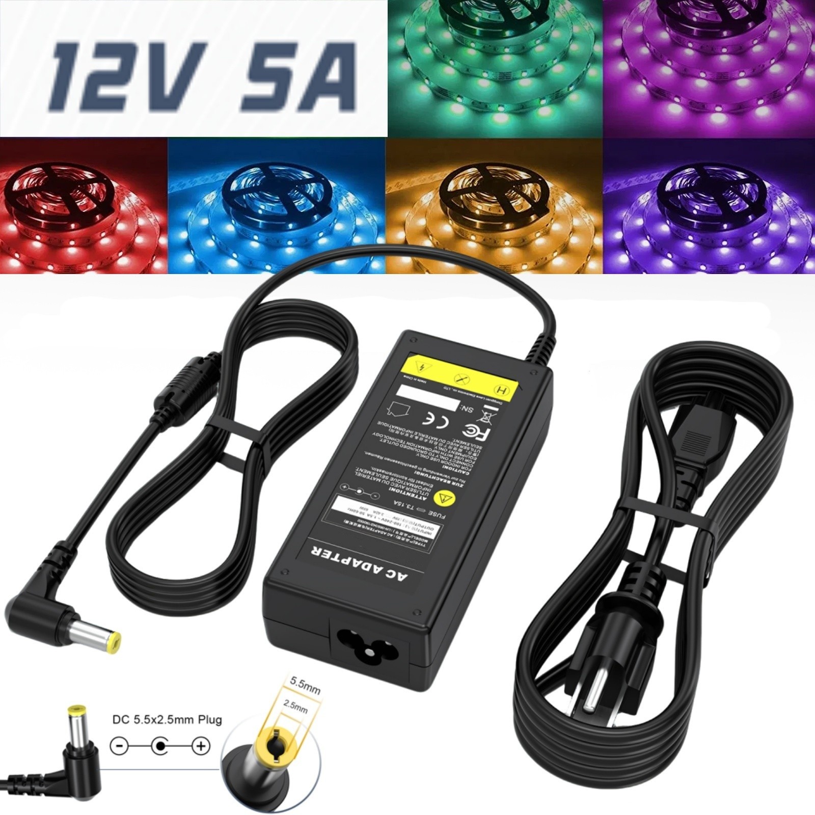 60W 12V 5A 5.5mm 2.5mm AC DC Power Supply Adapter for 5050 3528 LED Strip Light