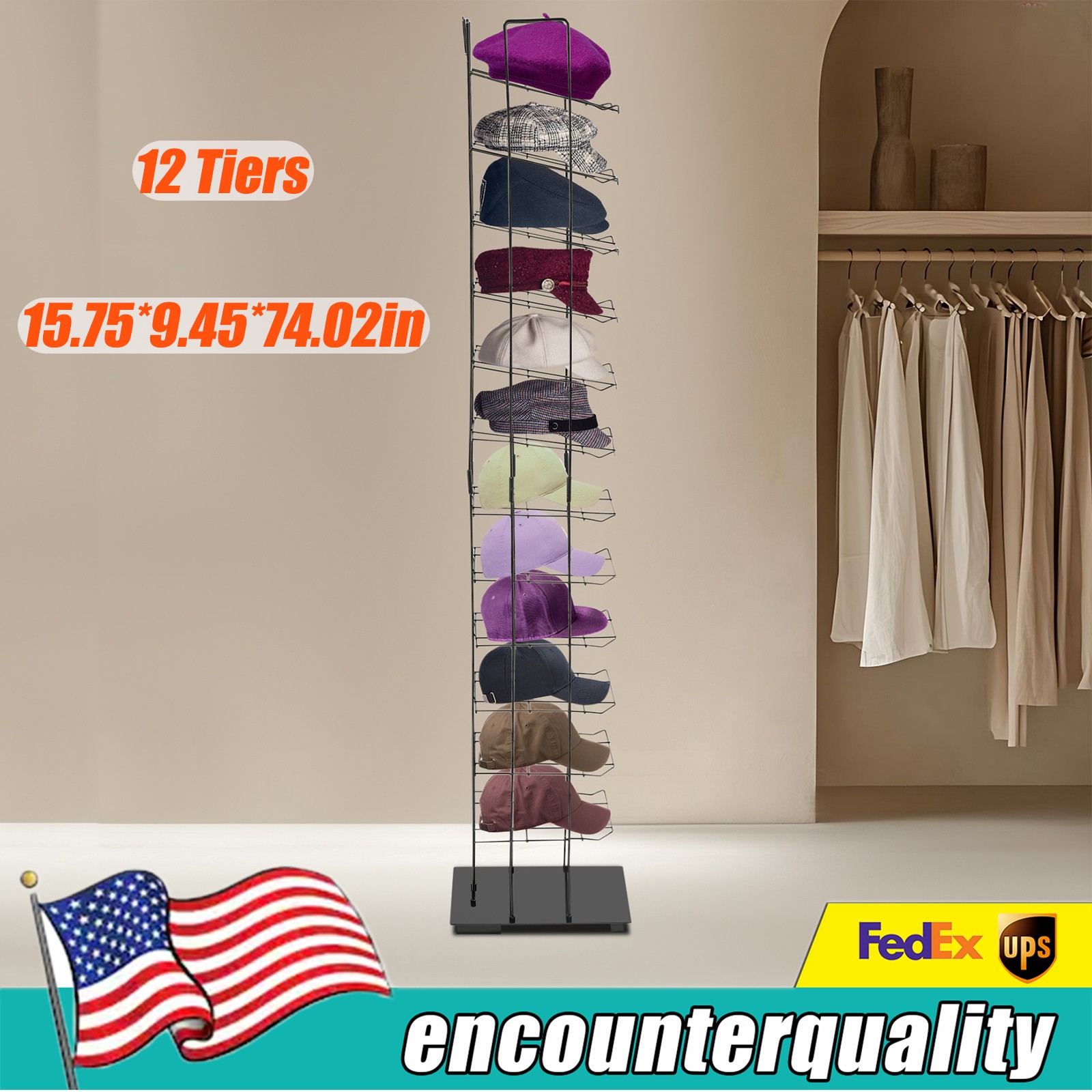 12-Tier Cap Rack Hat Display Rack Floor Standing 74.02in H Hat Organizer Rack