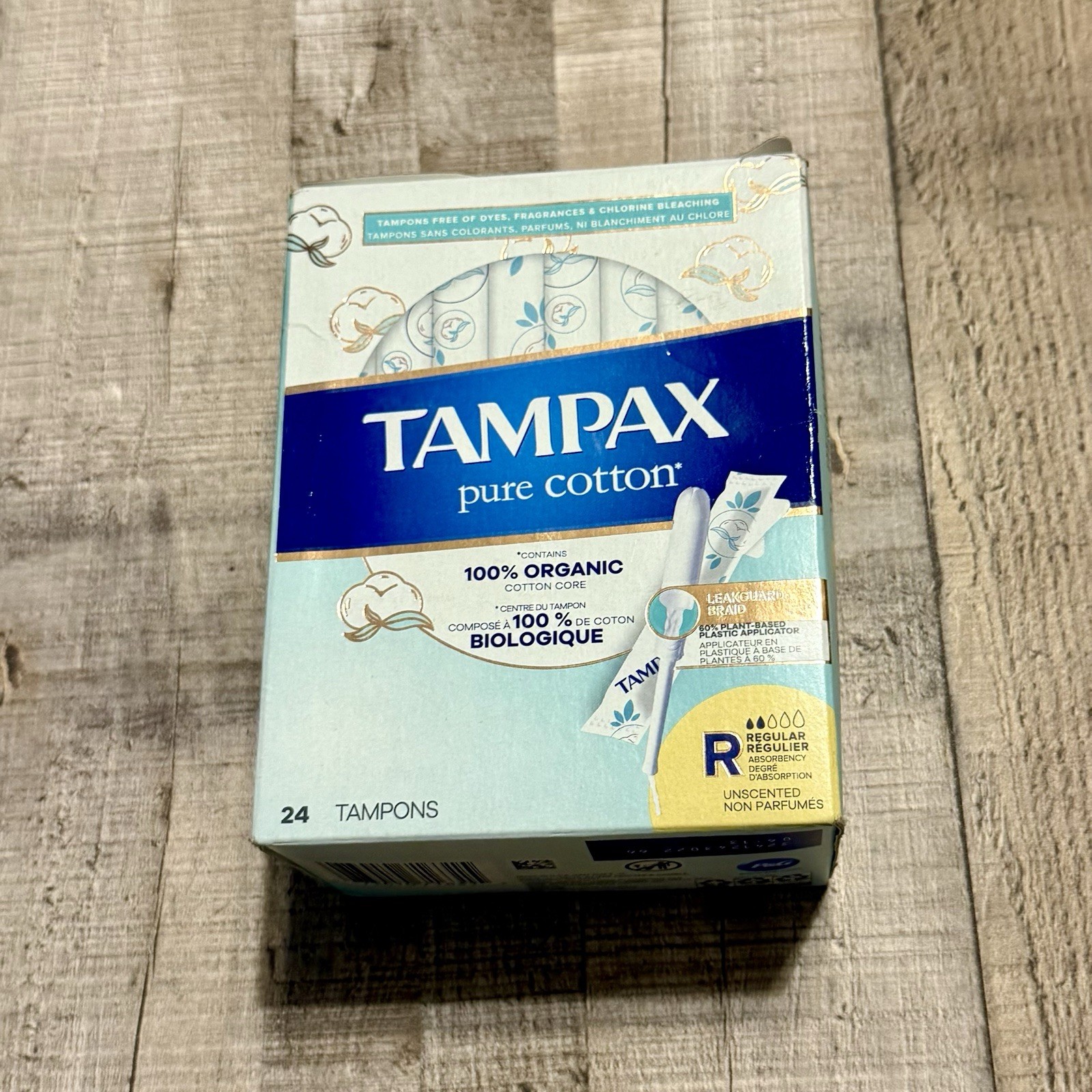 Tampax Pure Cotton Tampons 100% Organic Cotton Core Regular 24 Ct Sealed