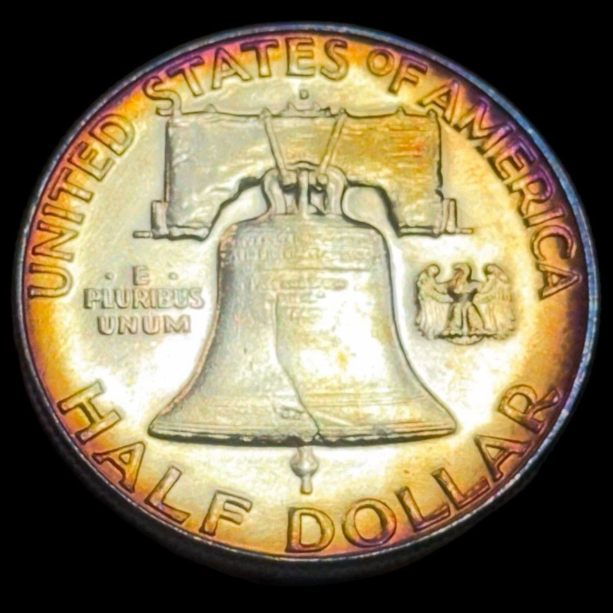 Uncirculated Franklin Half Dollar 1963 D 90% Silver Monster Rainbow Toning