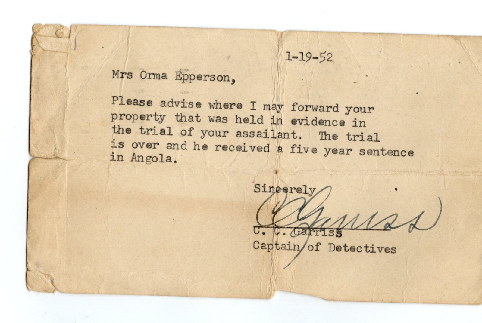 C1950s - Shreveport Louisiana C. C. Garris Captain of Detectives Signature  XL3A