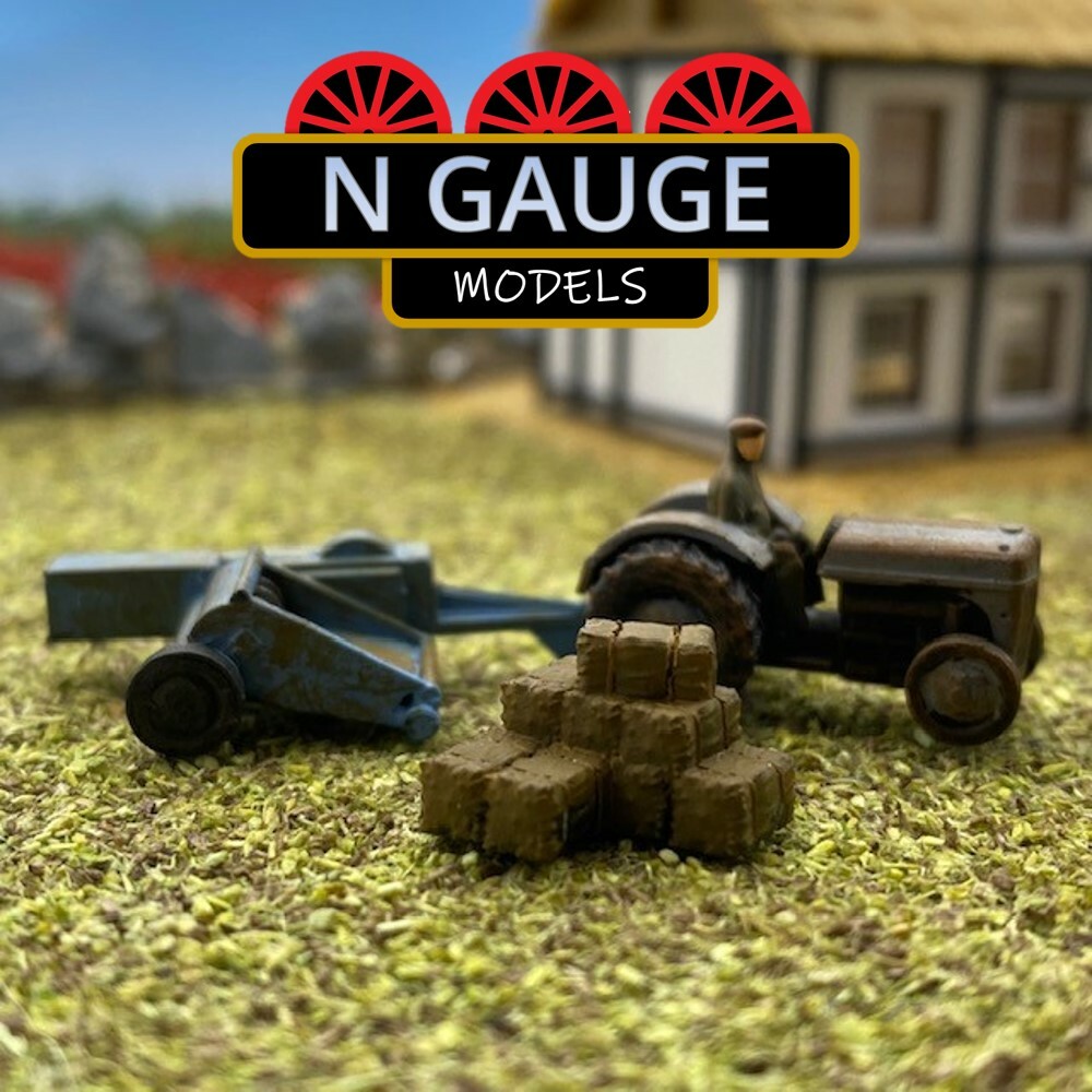 PAINTED- N Scale Gauge 1:148 Farm Tractor & Baler & Bales (Cultivator Plow 1:160