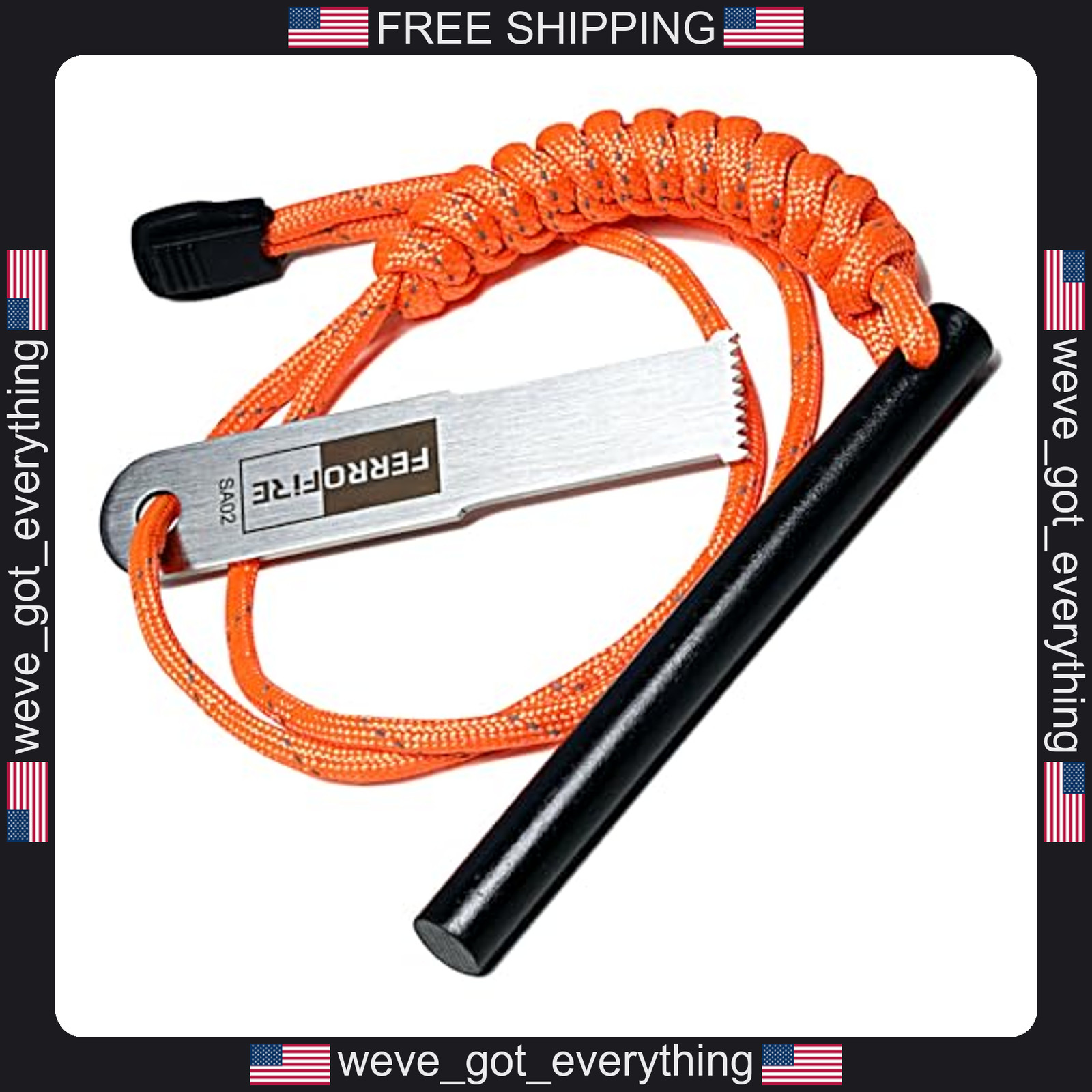 Ferro Rod Fire Starter with Paracord and Steel Striker for Camping