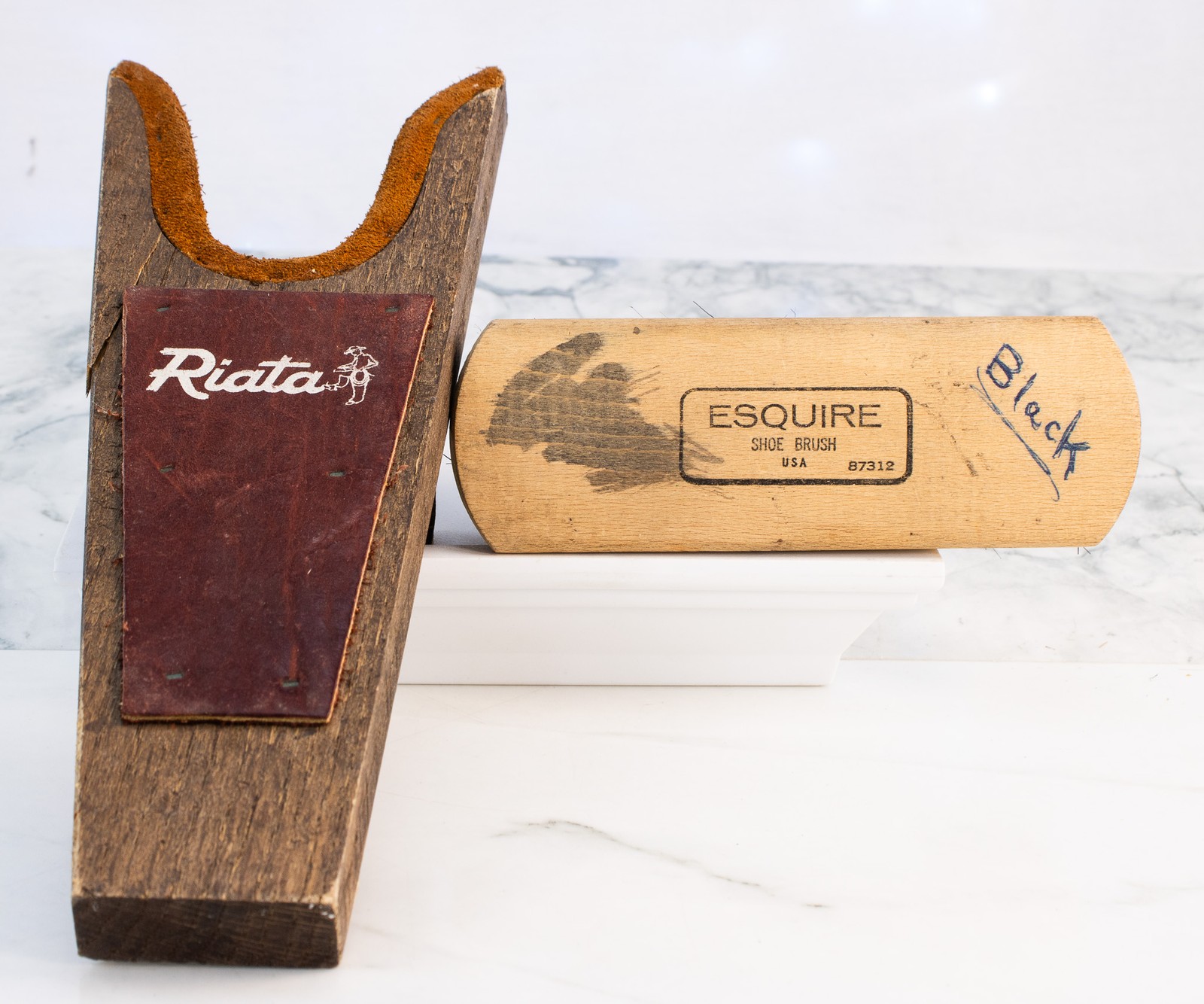 Vintage Riata Wood Leather Boot Jack + Esquire USA Horsehair Shoe Brush Lot