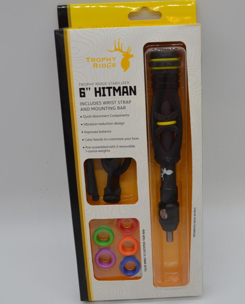 Trophy Ridge Hitman 6" Stabilizer includes wrist band and mounting bar.