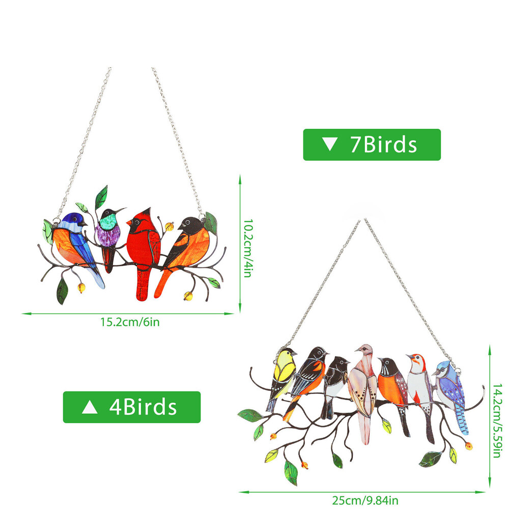 Multicolor Birds Suncatcher Stained Panel w/Chain for Glass Window Hanging Decor