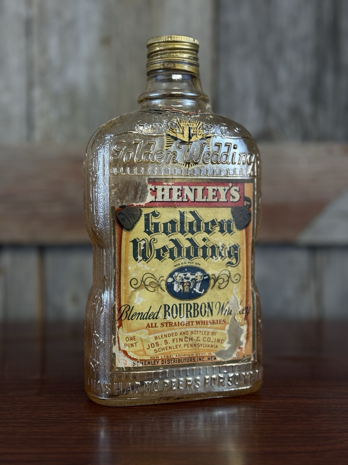 Vintage 1930s Schenley's Golden Wedding Blended Bourbon Whiskey Glass Bottle