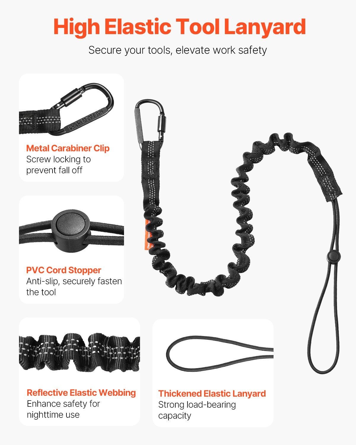 5-pack heavy-duty tool tether, screw-lock aluminum carabiner, 19.8lb max load