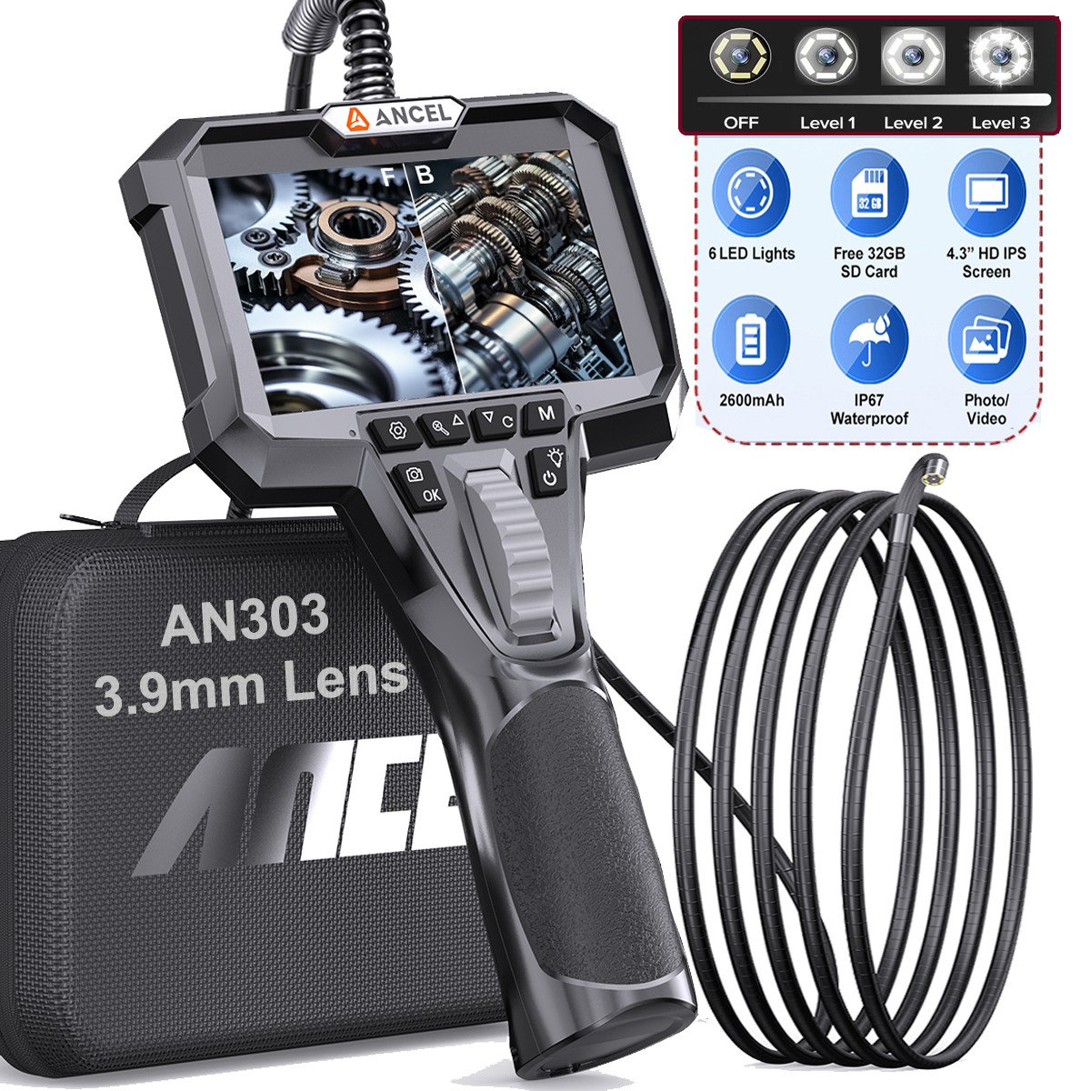 3.9mm Lens Industrial Endoscope 1080P Digital Borescope Inspection Camera 6 LED