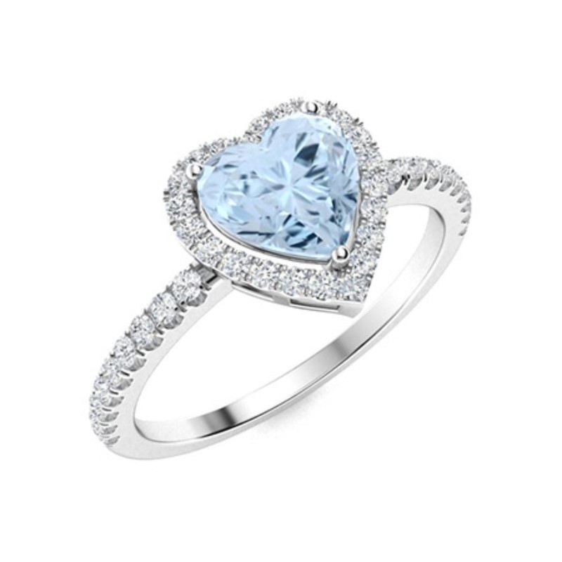 925 Sterling Silver Heart Shape Aquamarine Solitaire with Accents Women Ring