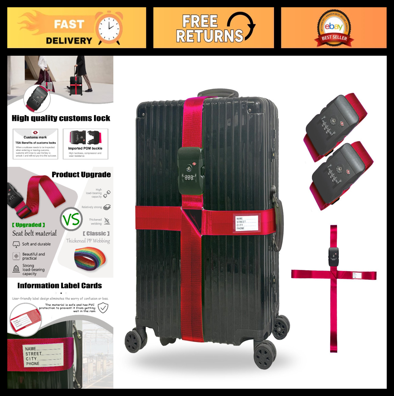 Travel Luggage Straps with Name Tag & TSA Approved Lock - Adjustable 20-34" (Red