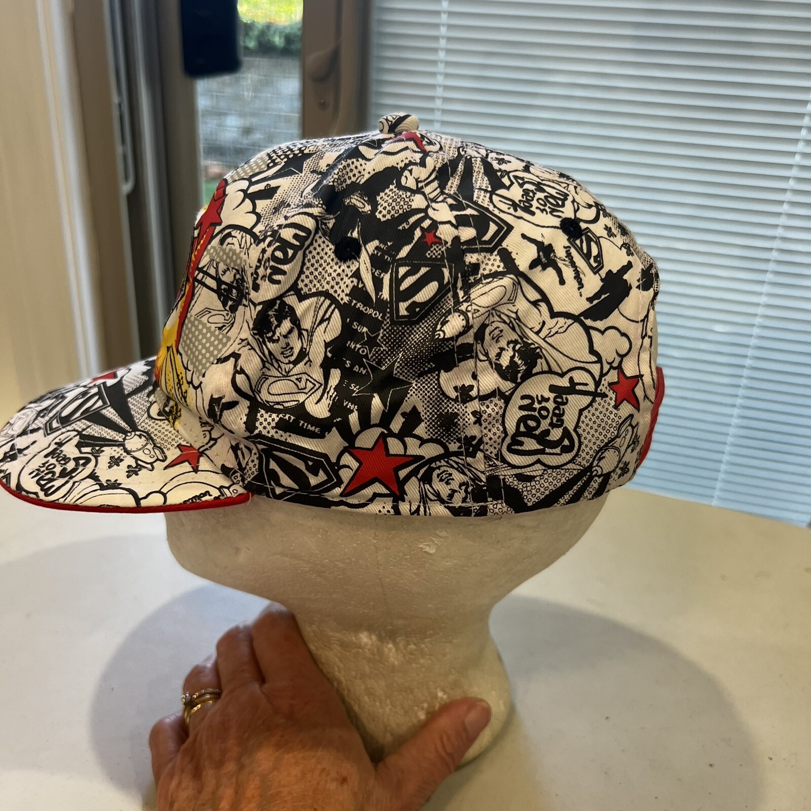 Superman Logo and Graphic Black on White w Red Yellow Hat Cap SnapBack EUC
