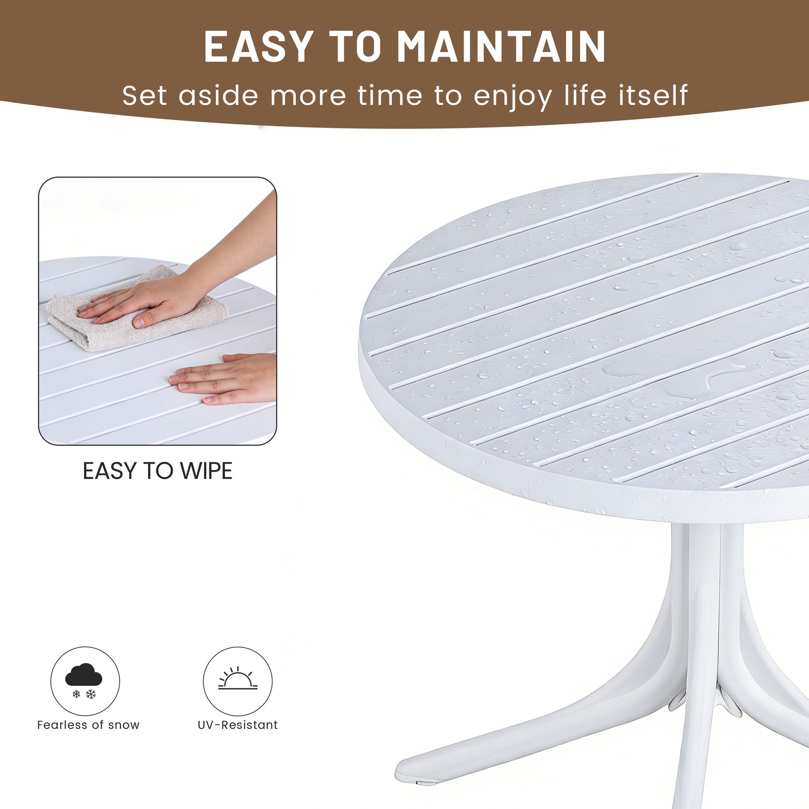 White Round Polypropylene Dining Table 36" Indoor/Outdoor 220 lbs Capacity