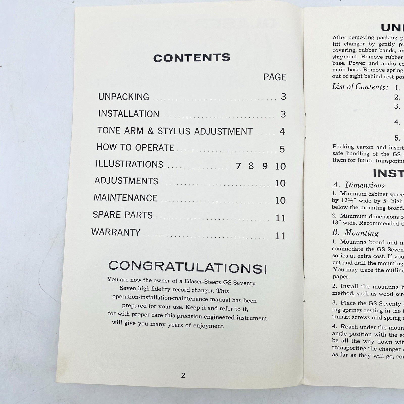 Glaser-Steers GS-77 Record Changer Installation Operation Manual + Template
