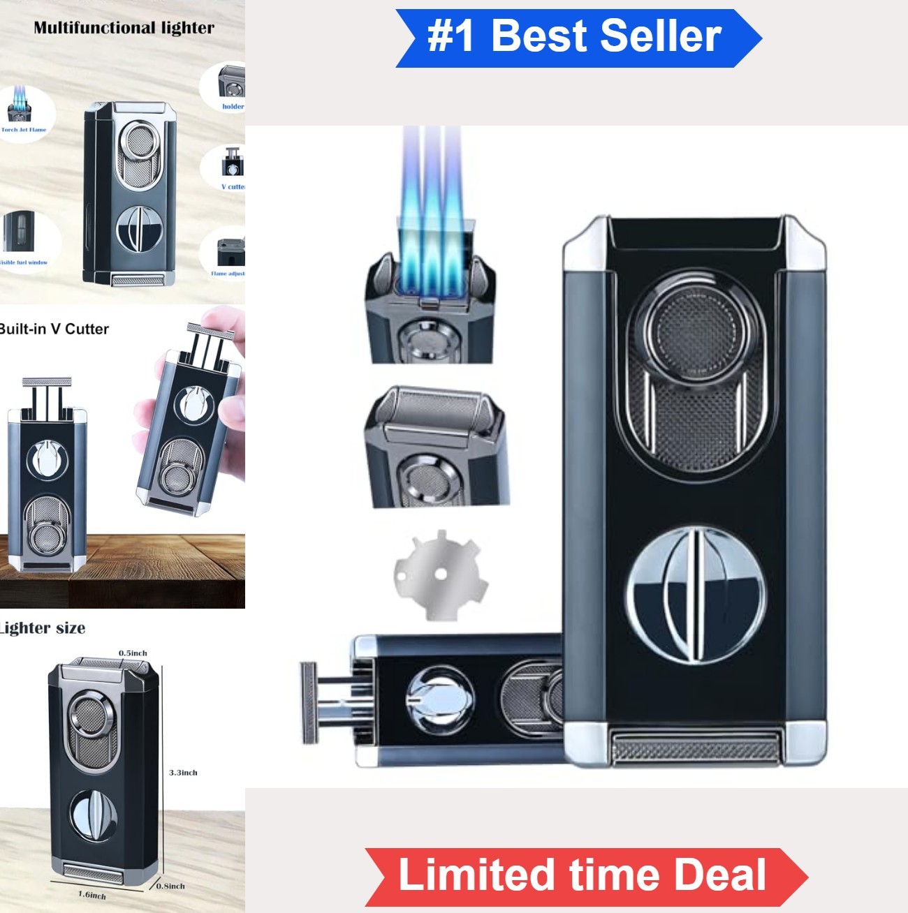 Windproof Triple Jet Flame Torch Lighter Refillable Adjustable Metal V-Cutter