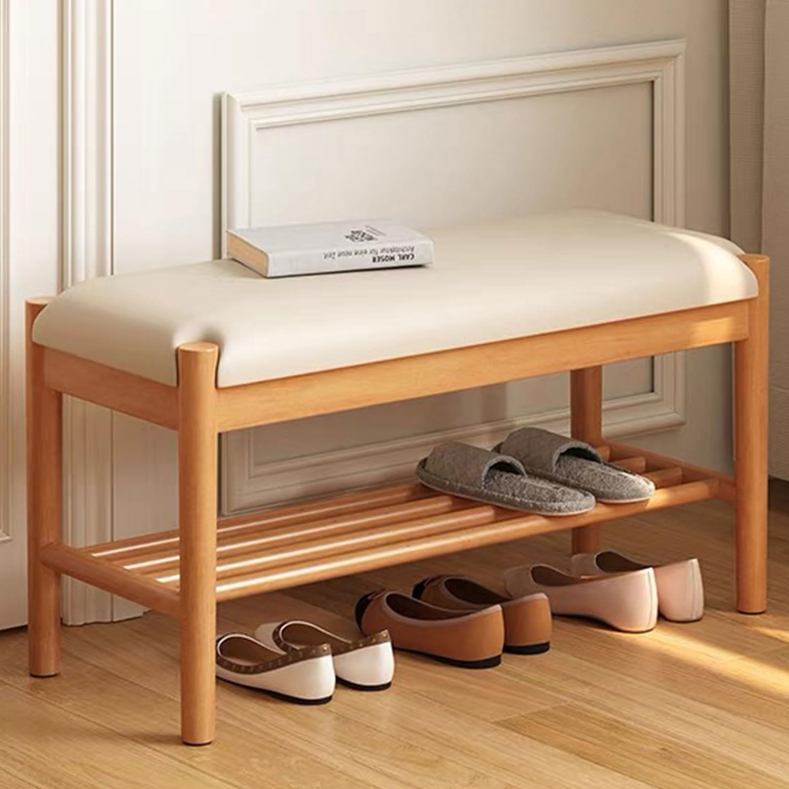Buzleer Solid Wood Shoe Bench with Cushion 2-Tier Natural 39.4in