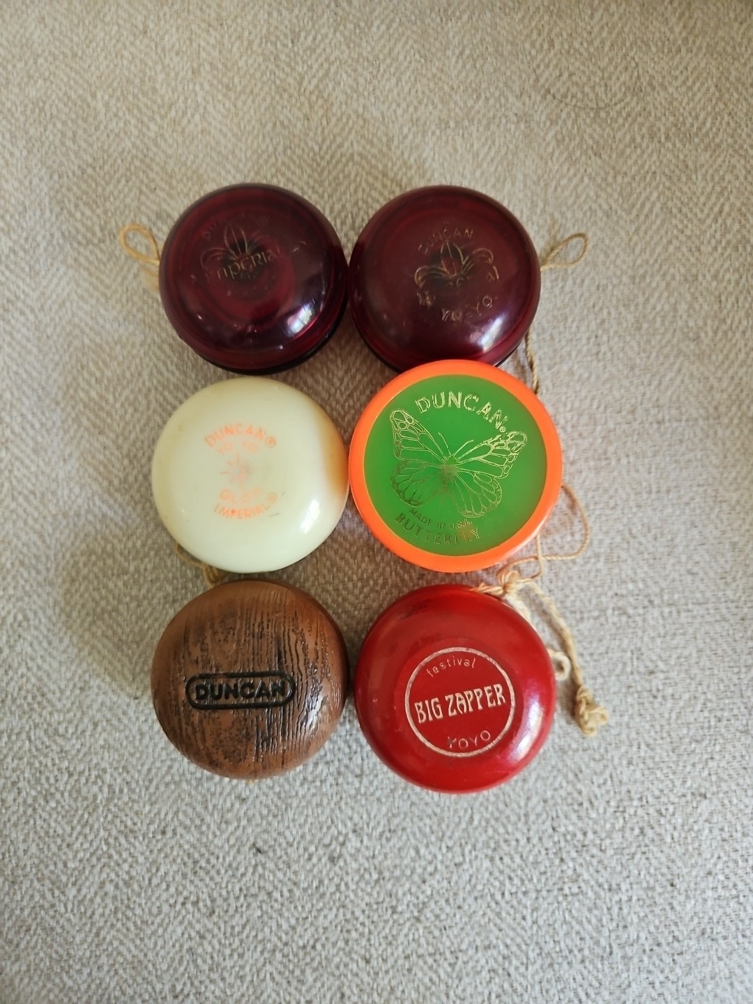 Lot of 6 Vintage Duncan Yo-Yos - Butterfly, Wooden, Glow in the Dark, Big Zapper