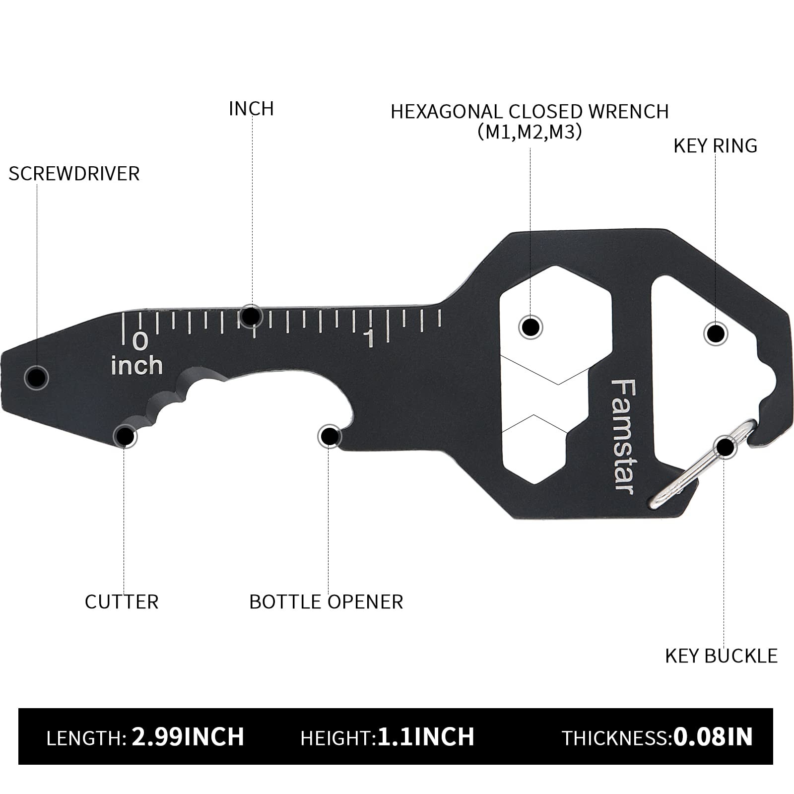Famstar Keychain Multi-tool 3Pack Metal Pocket Tool Portable Black