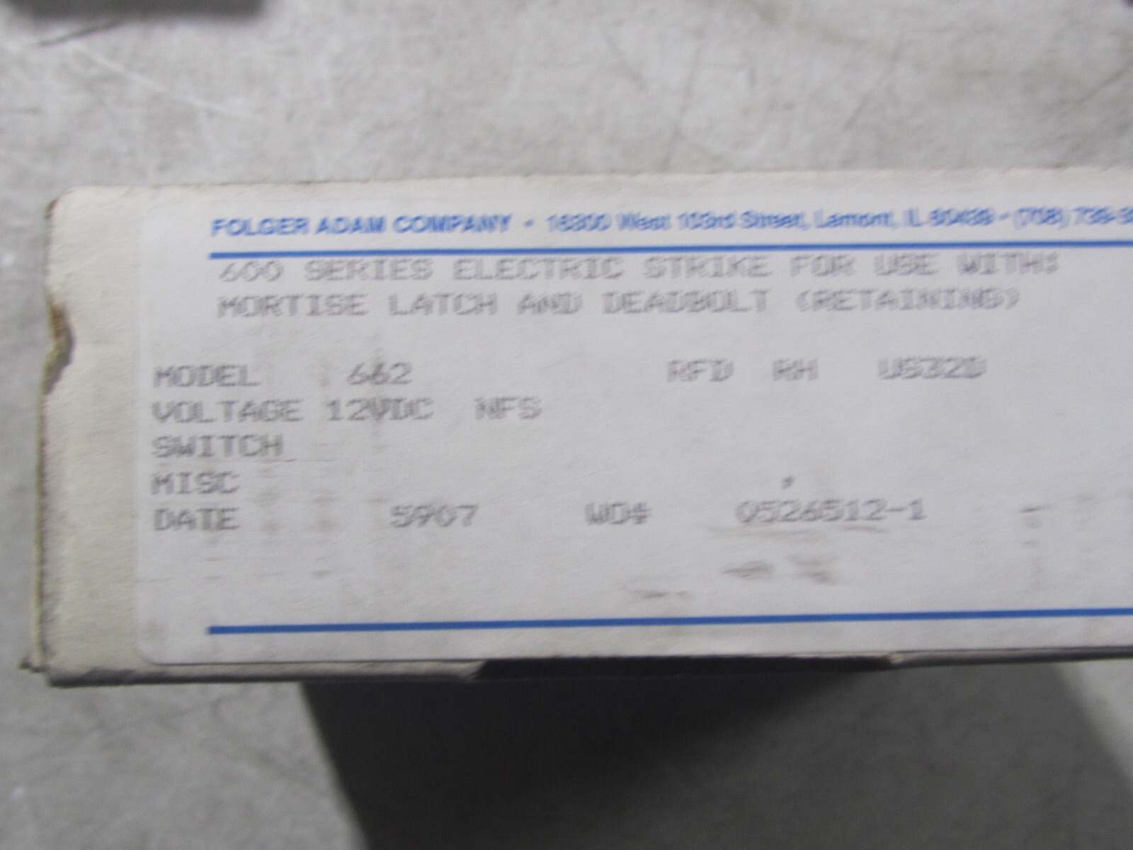 NEW Folger Adam 662 Electric Door Strike NFS 12 VDC MORTISE LATCH & DEADBOLT