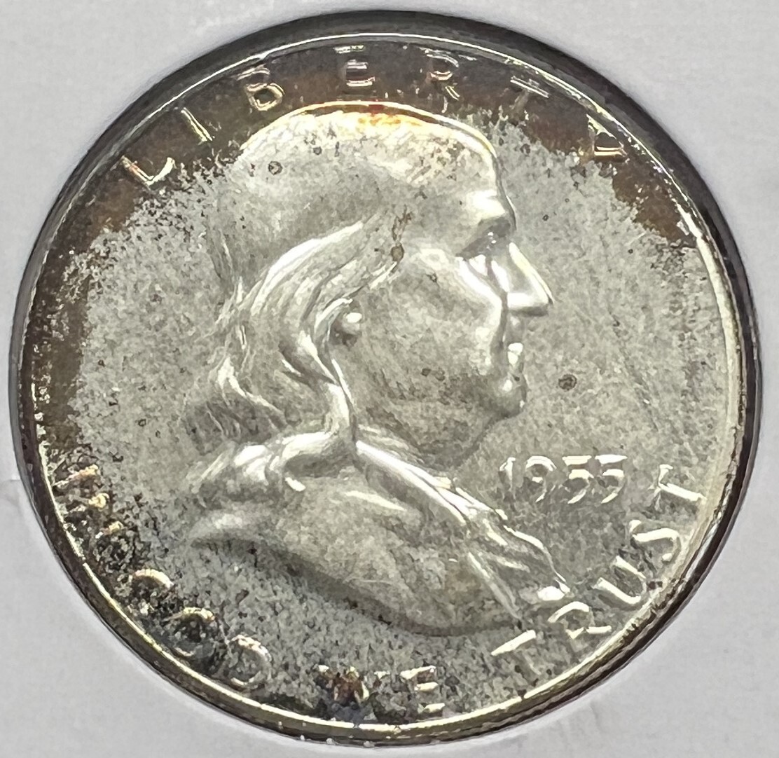 1955 PROOF FRANKLIN HALF DOLLAR ORIGINAL RAINBOW TONING..ACTUAL COIN  #C15989