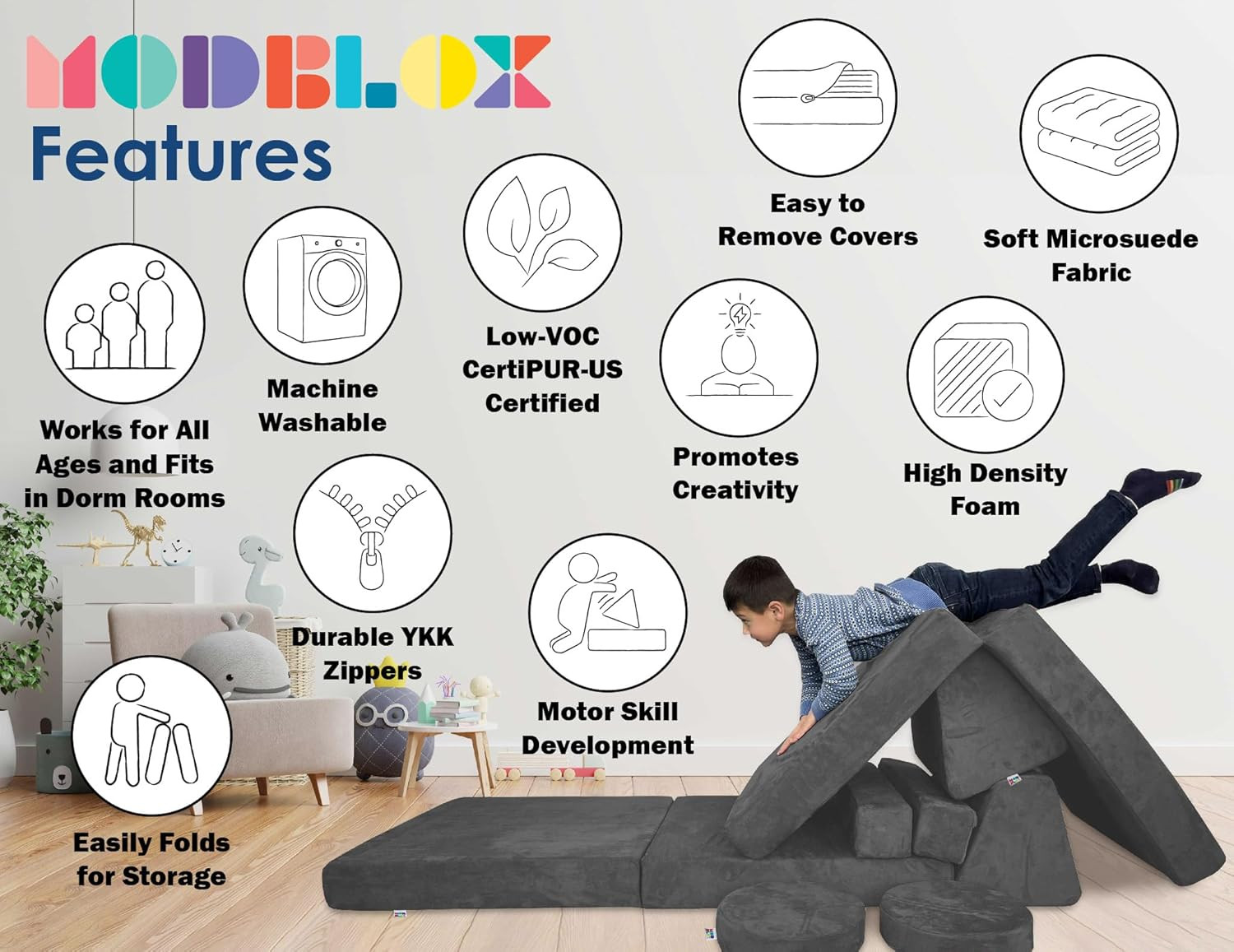 10 Piece Soft Modular Kids Play Couch for Boys and Girls ｜ Child Sectional Fort